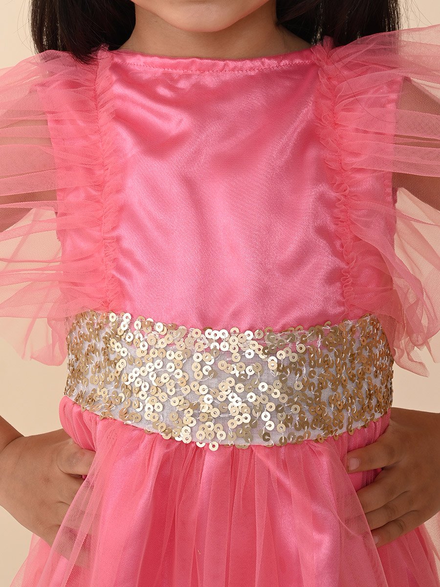 Sequined Flutter Sleeves A-Line Dress