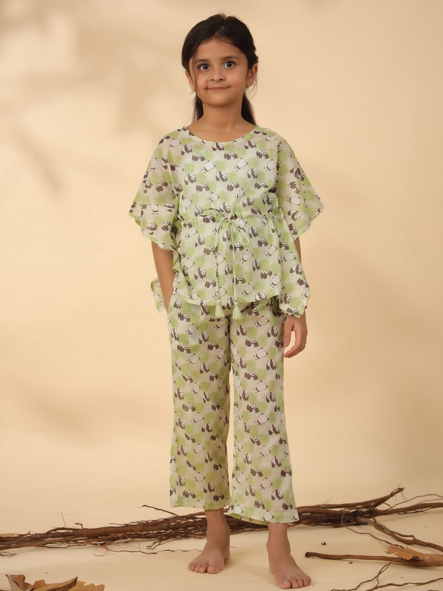 Panda Print Drawstring Top and Pyjama Set