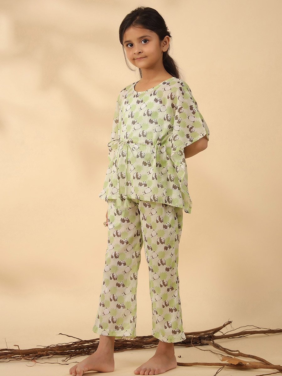 Panda Print Drawstring Top and Pyjama Set