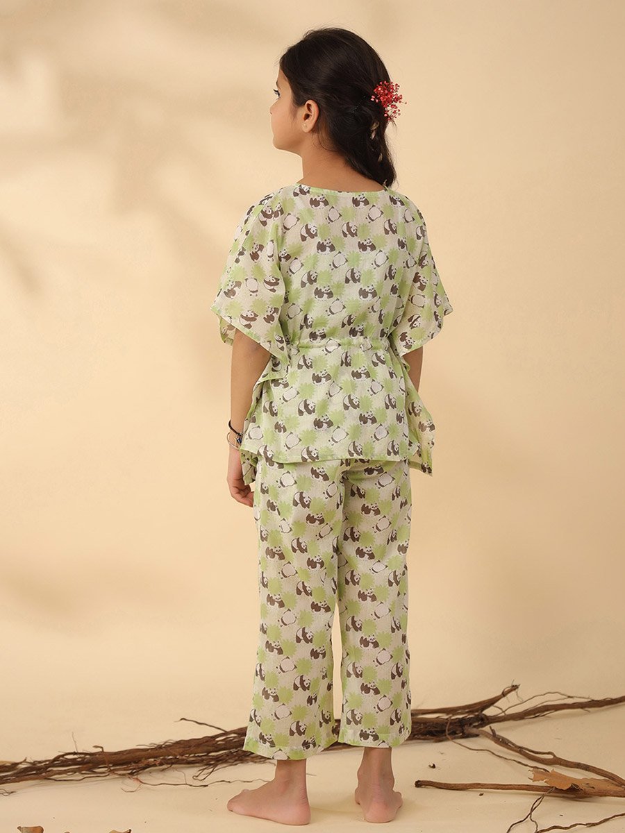 Panda Print Drawstring Top and Pyjama Set