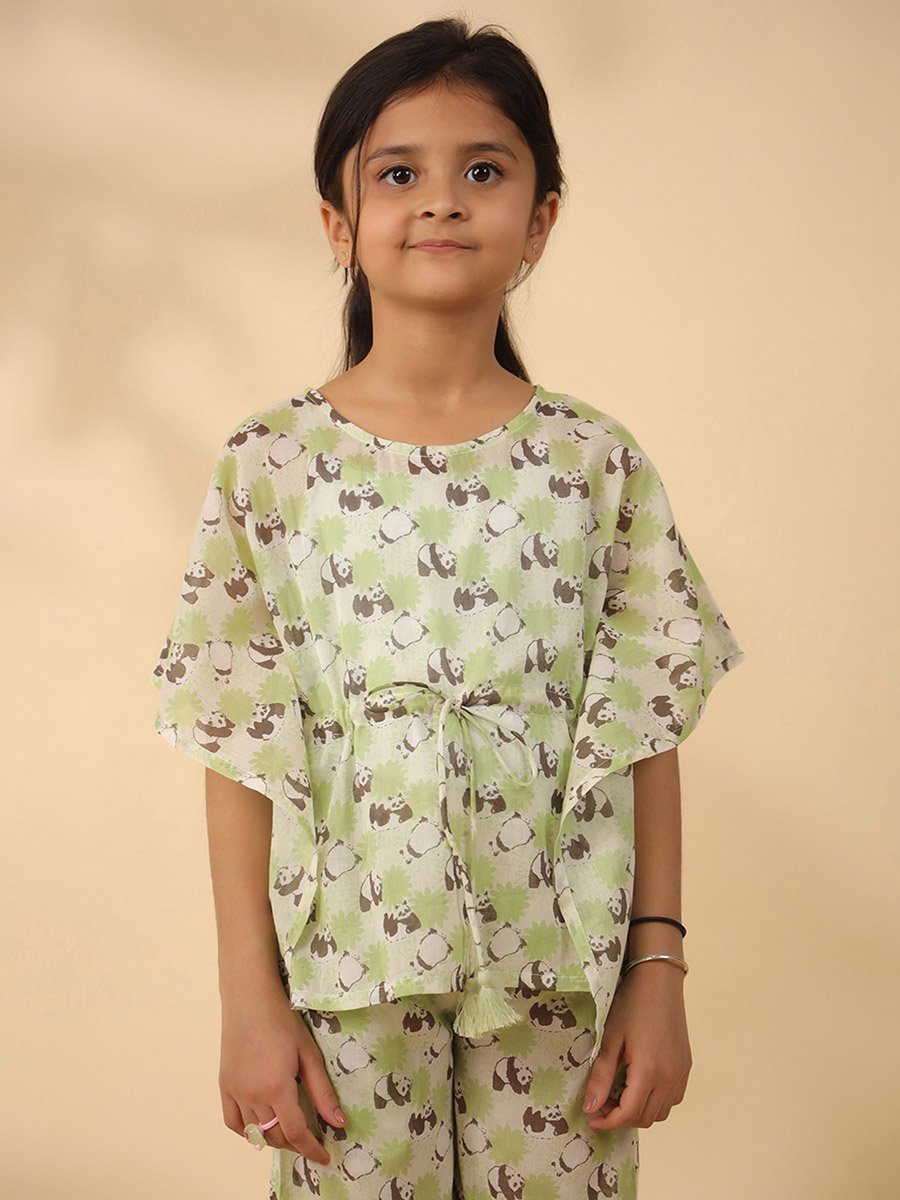 Panda Print Drawstring Top and Pyjama Set