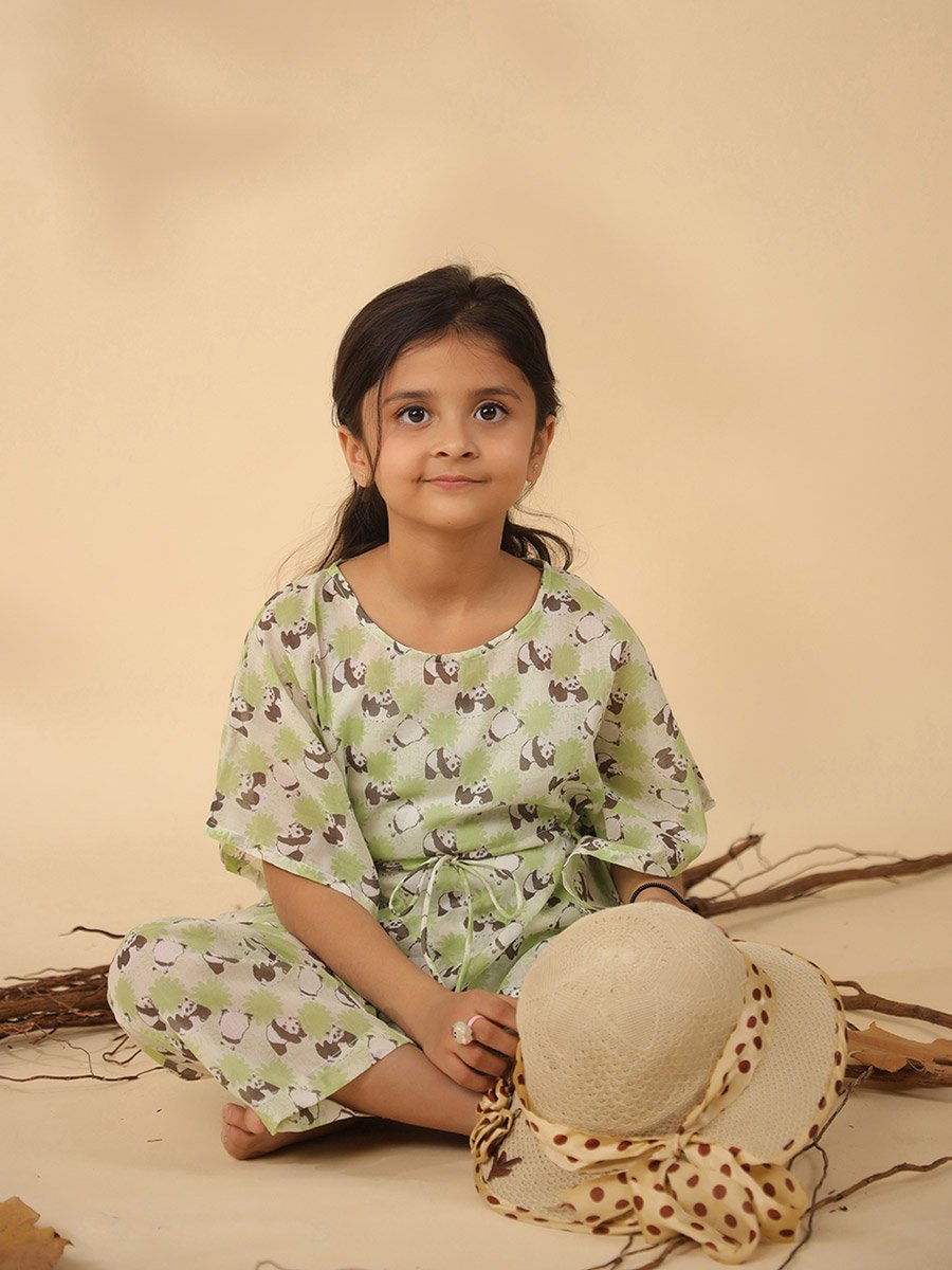 Panda Print Drawstring Top and Pyjama Set