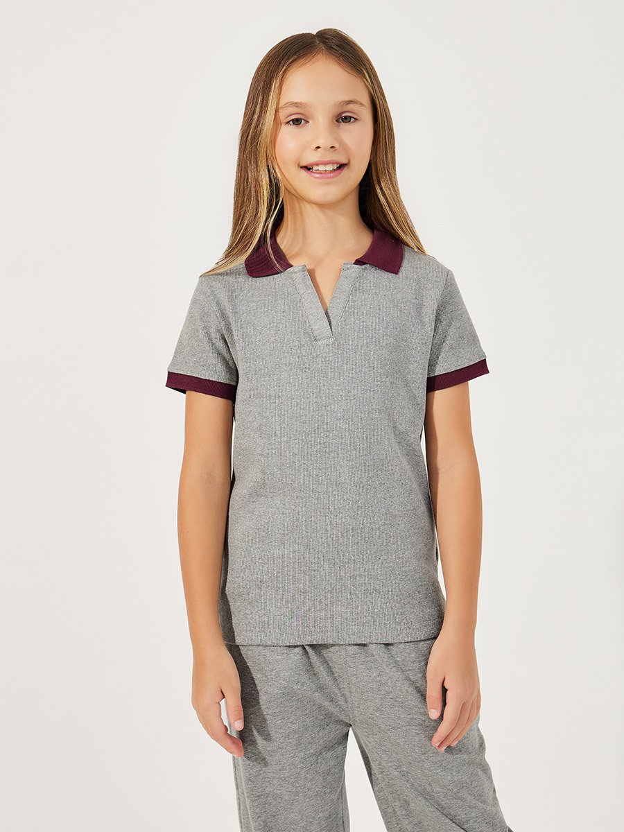 Rib Knit Polo T-Shirt with Contrast Collar and Wide Leg Joggers Set 