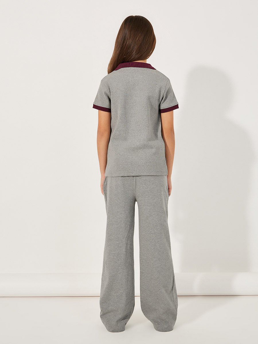 Rib Knit Polo T-Shirt with Contrast Collar and Wide Leg Joggers Set 