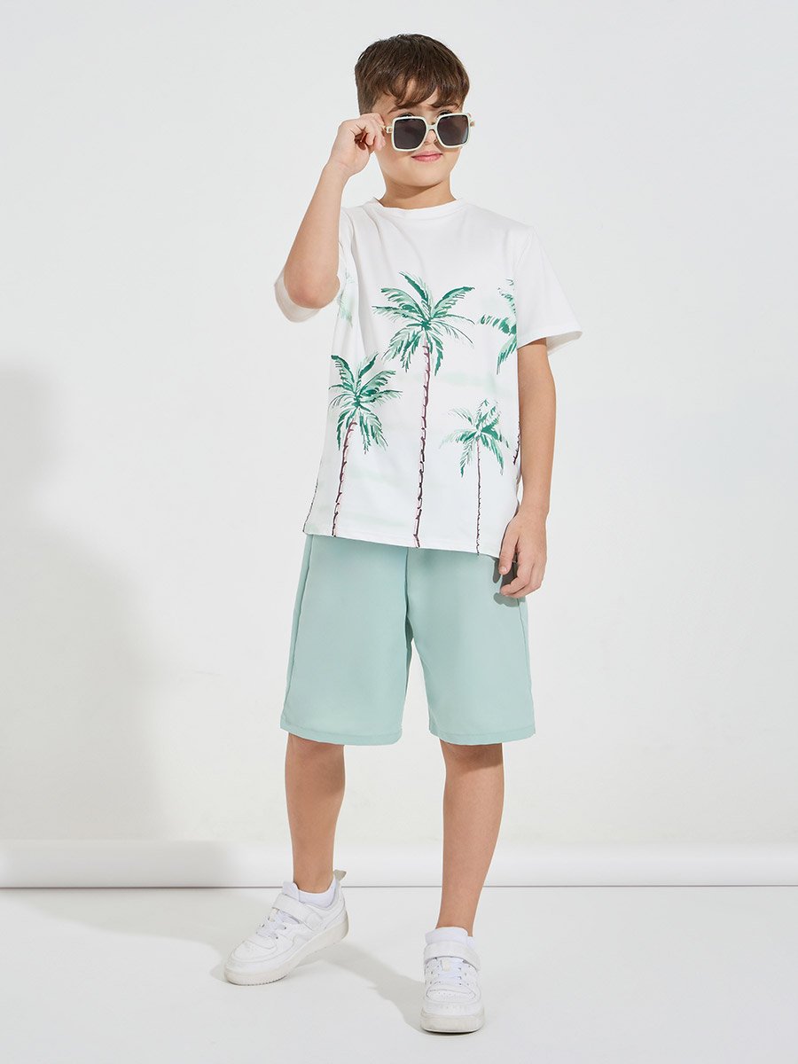 Coconut Tree Print T-Shirt and Woven Shorts Set