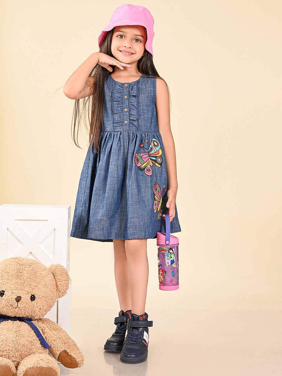 Embroidered Butterfly Denim Dress For Kids at UAE | Styli Embroidered Butterfly Denim Dress For Kids at UAE | Styli