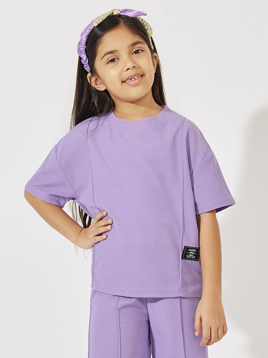 Oversized Waffle Knit Patch Detail T-Shirt and Wide Leg Pants Set