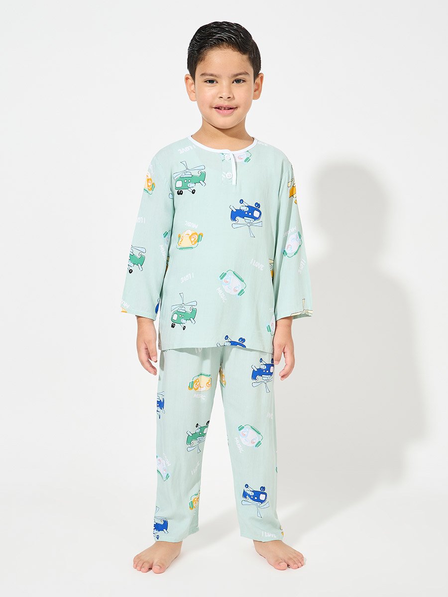 Helicopter Print Long Sleeves T-Shirt and Pyjama Set