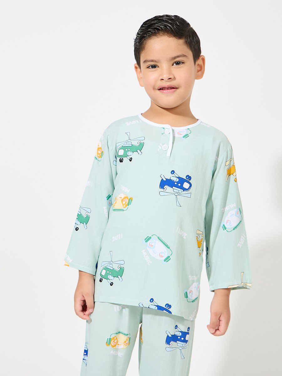 Helicopter Print Long Sleeves T-Shirt and Pyjama Set