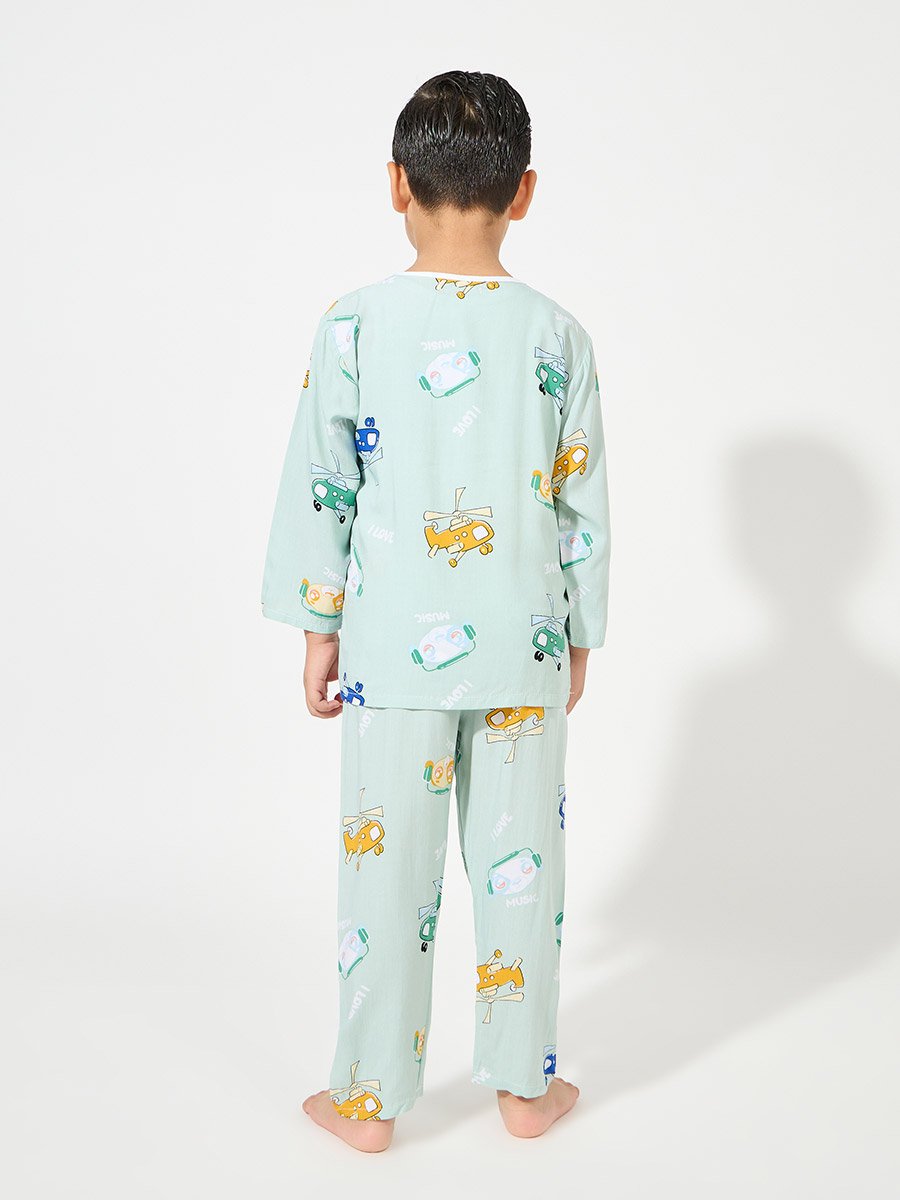 Helicopter Print Long Sleeves T-Shirt and Pyjama Set