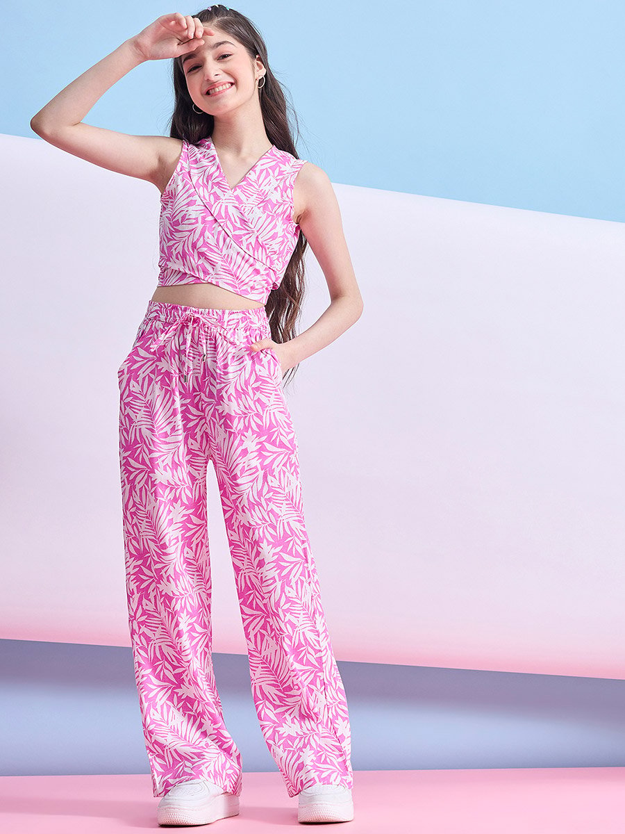 V Neck Printed Wrap Top and Pants Set