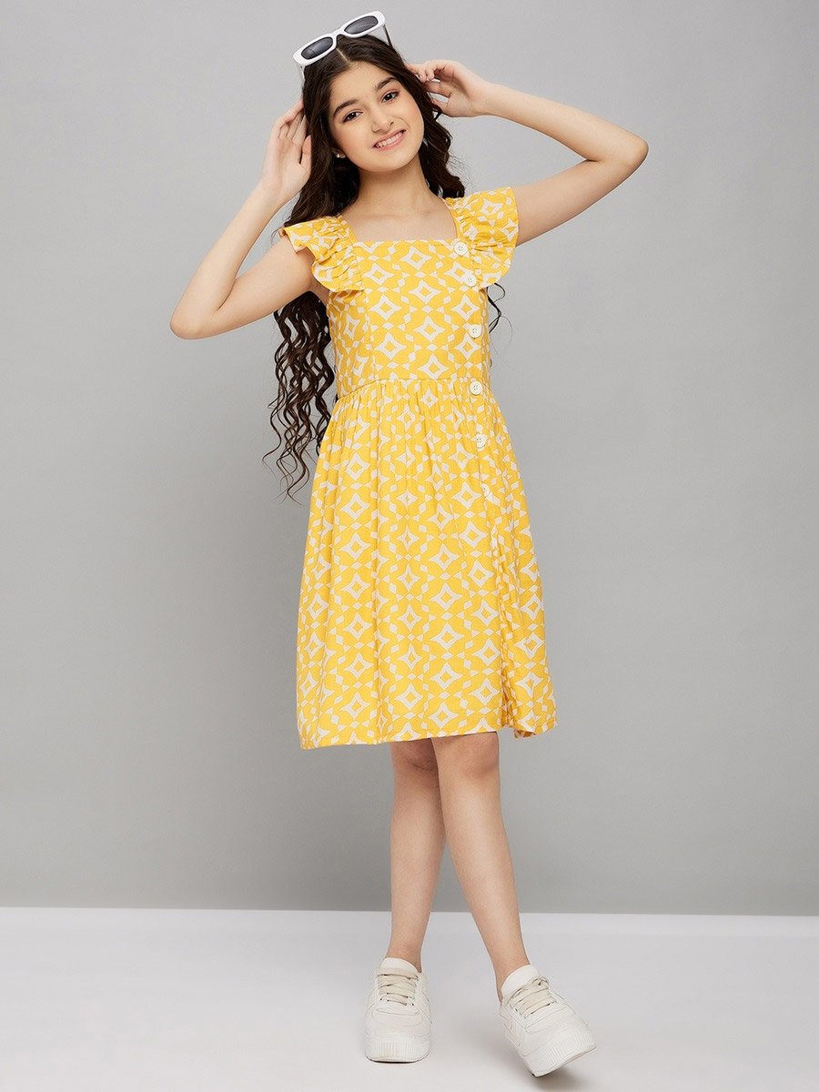 Square Neck Frill Sleeves Knee Length Dress