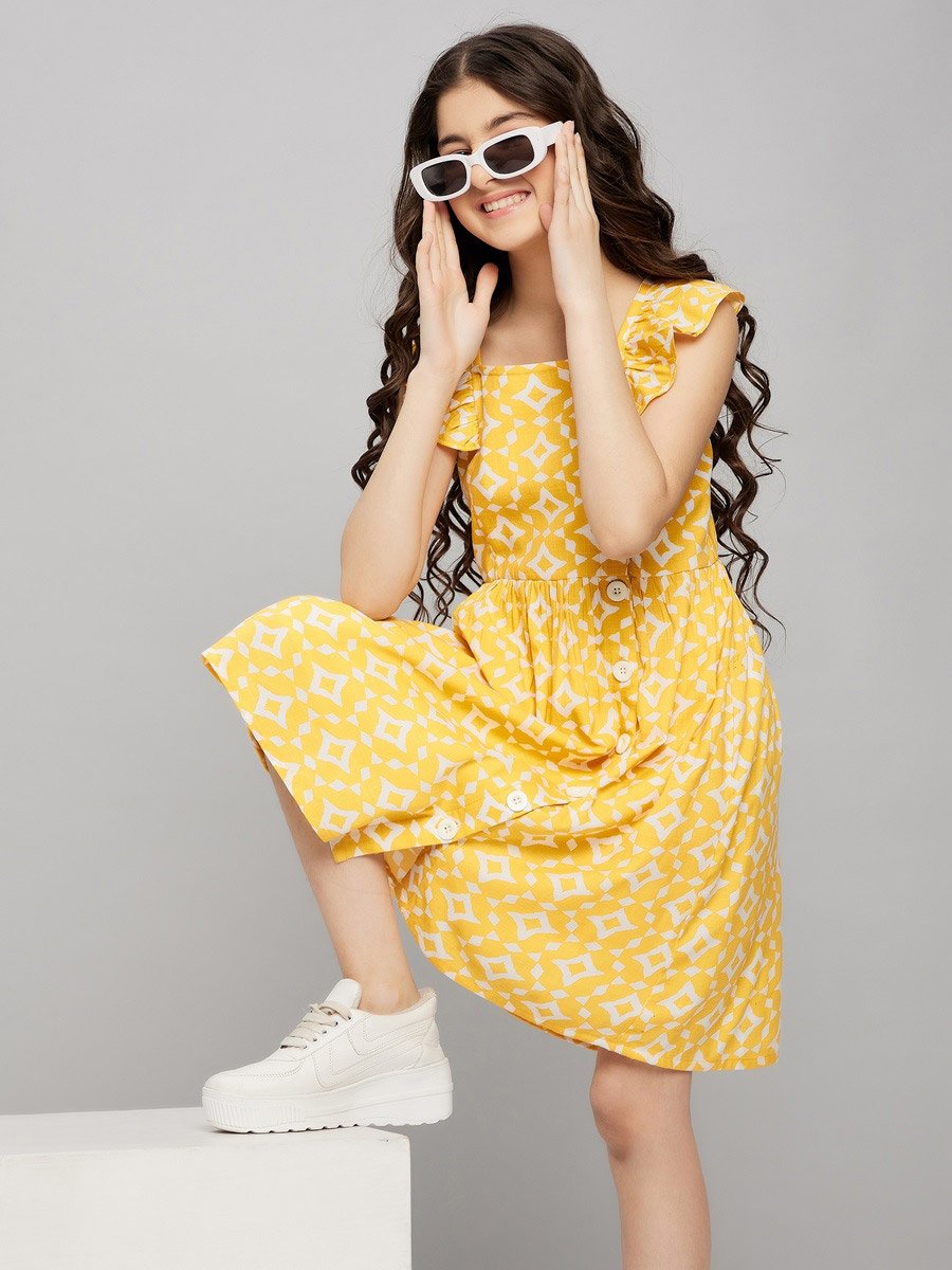 Square Neck Frill Sleeves Knee Length Dress