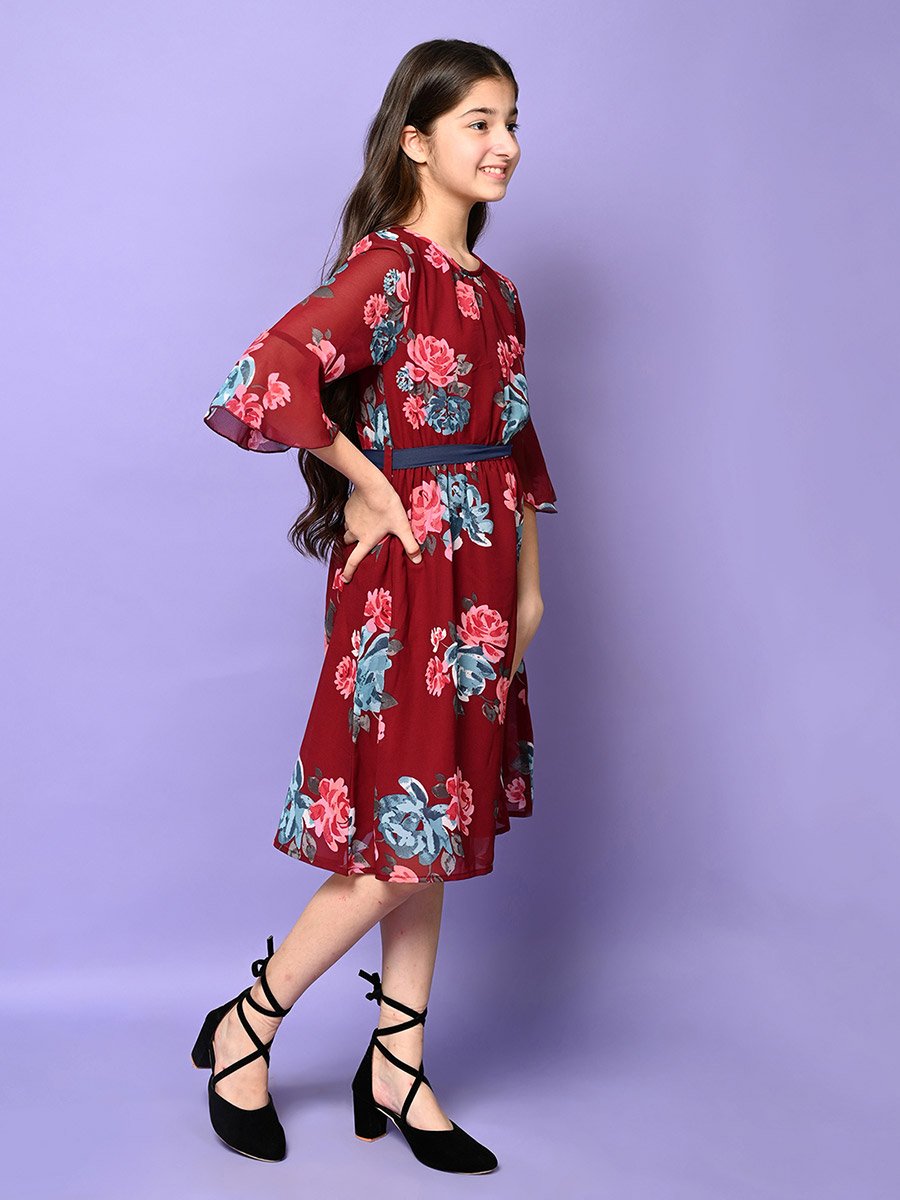 Floral Print Belted Fit and Flare Dress