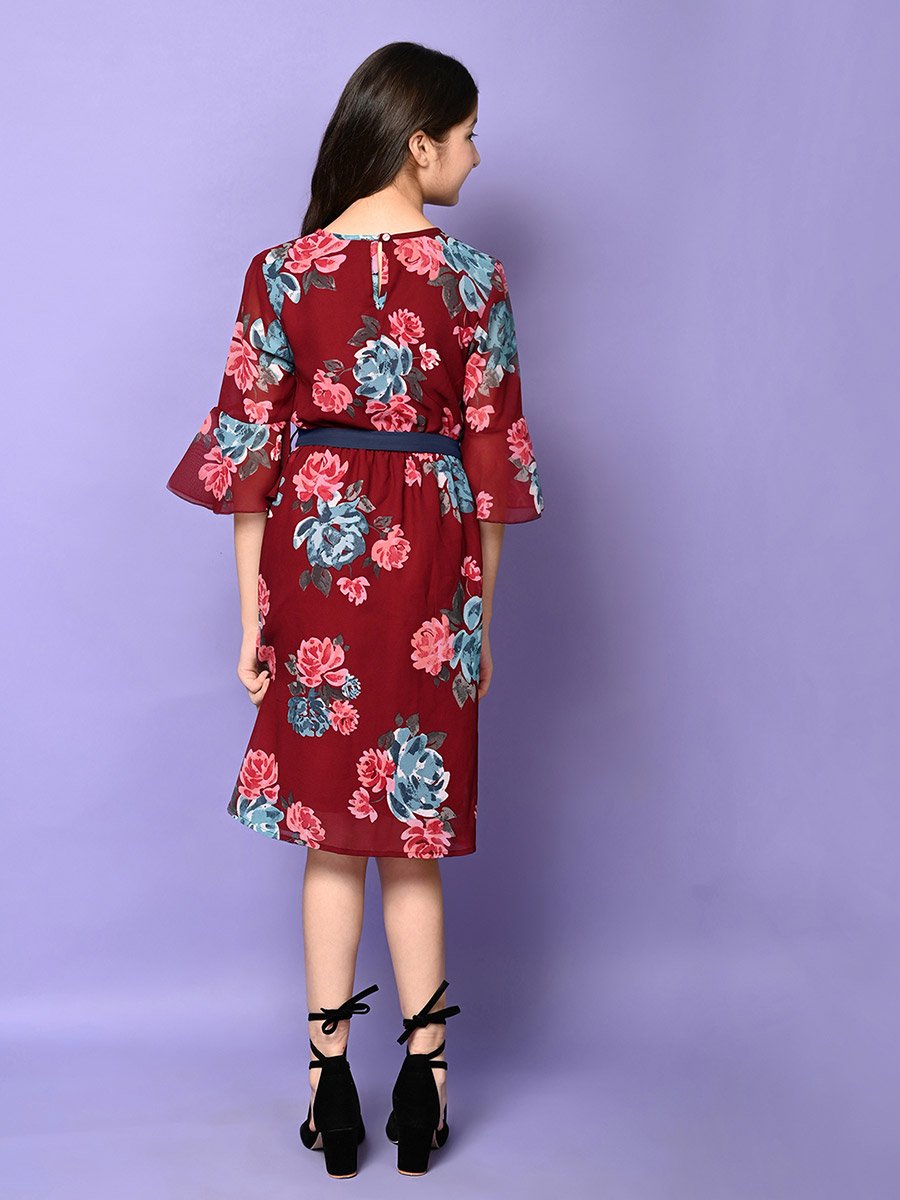 Floral Print Belted Fit and Flare Dress