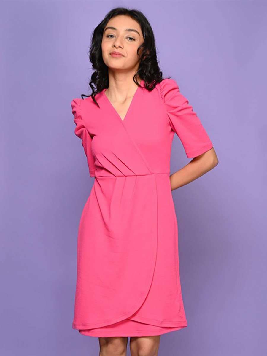 Solid Puff Sleeves Mock Wrap Dress