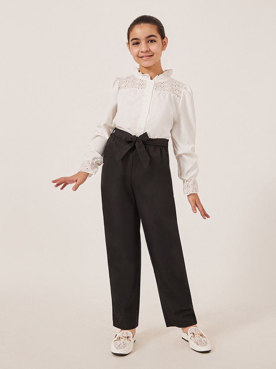 Schiffli Detail Buttoned Top and Wide Leg Pants Set