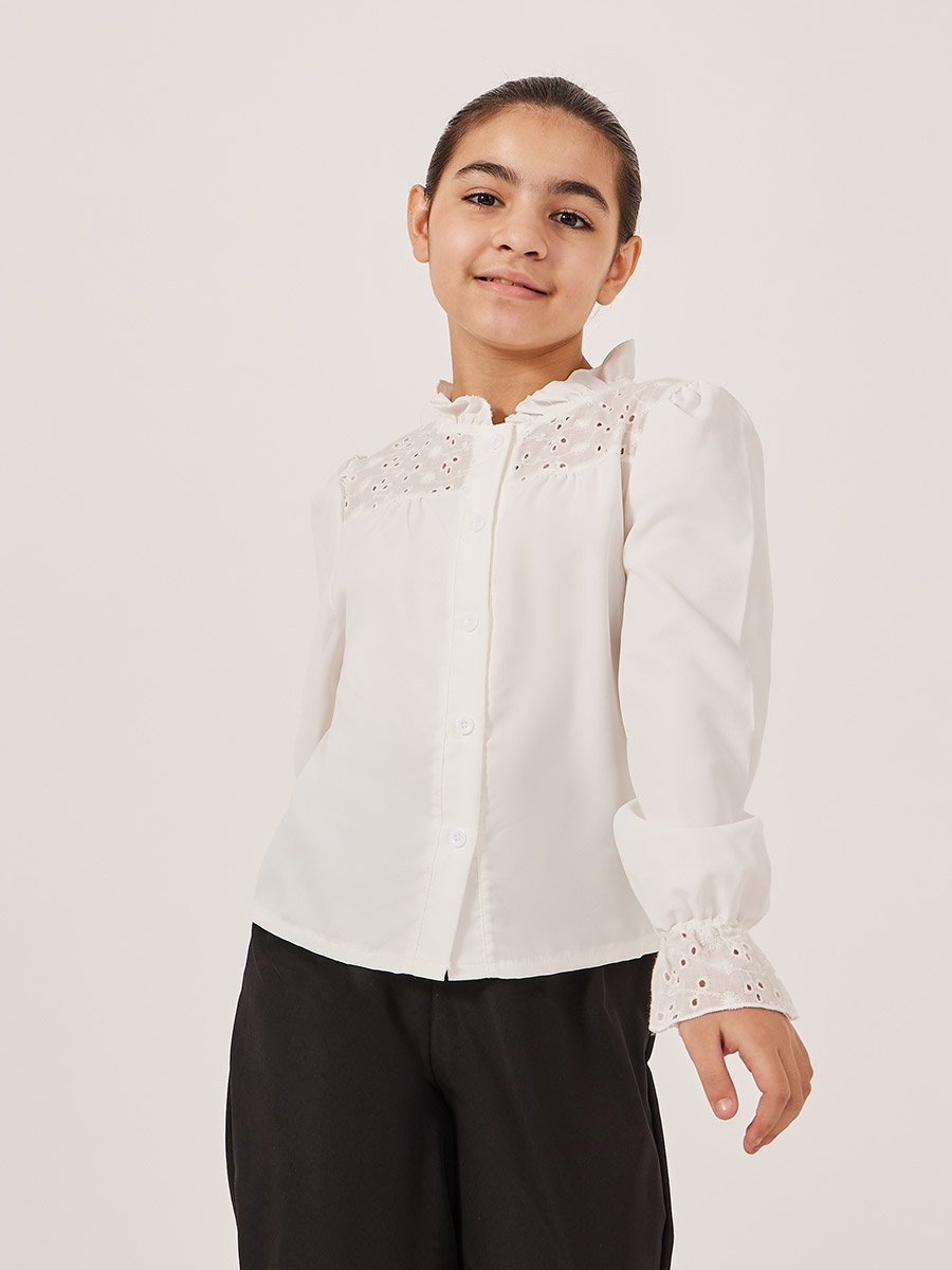 Schiffli Detail Buttoned Top and Wide Leg Pants Set