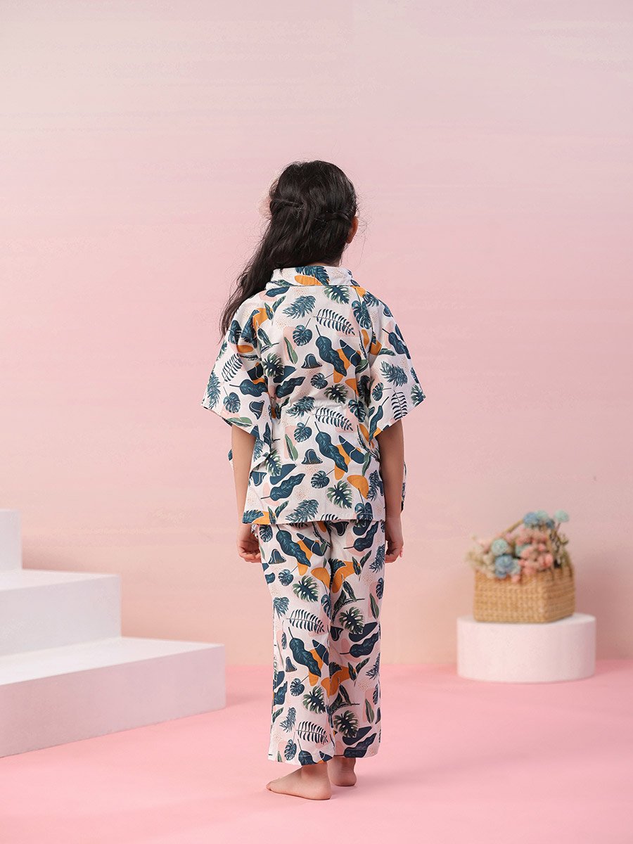 Leaf Print Collared Kaftan and Pyjama Set