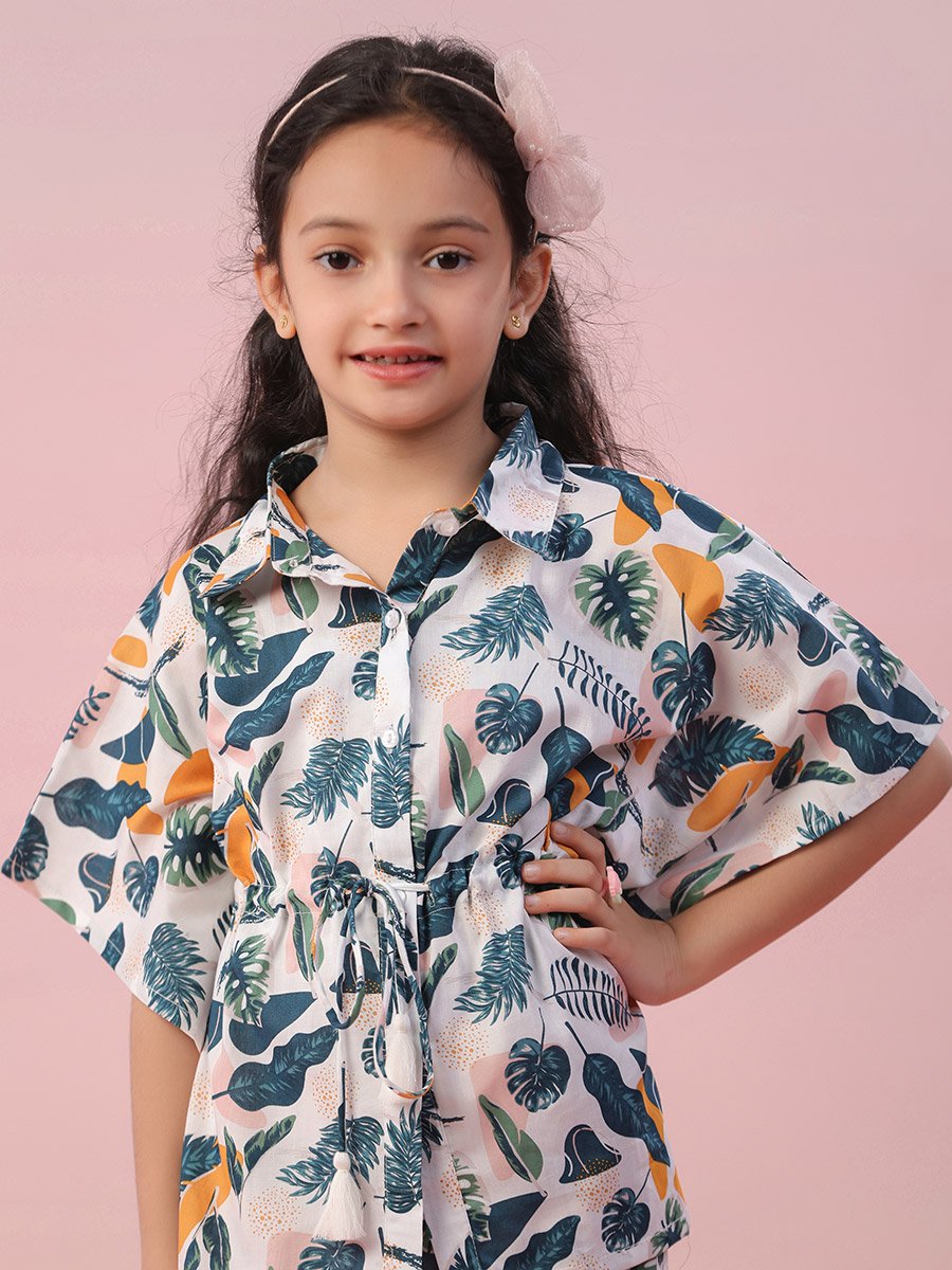 Leaf Print Collared Kaftan and Pyjama Set