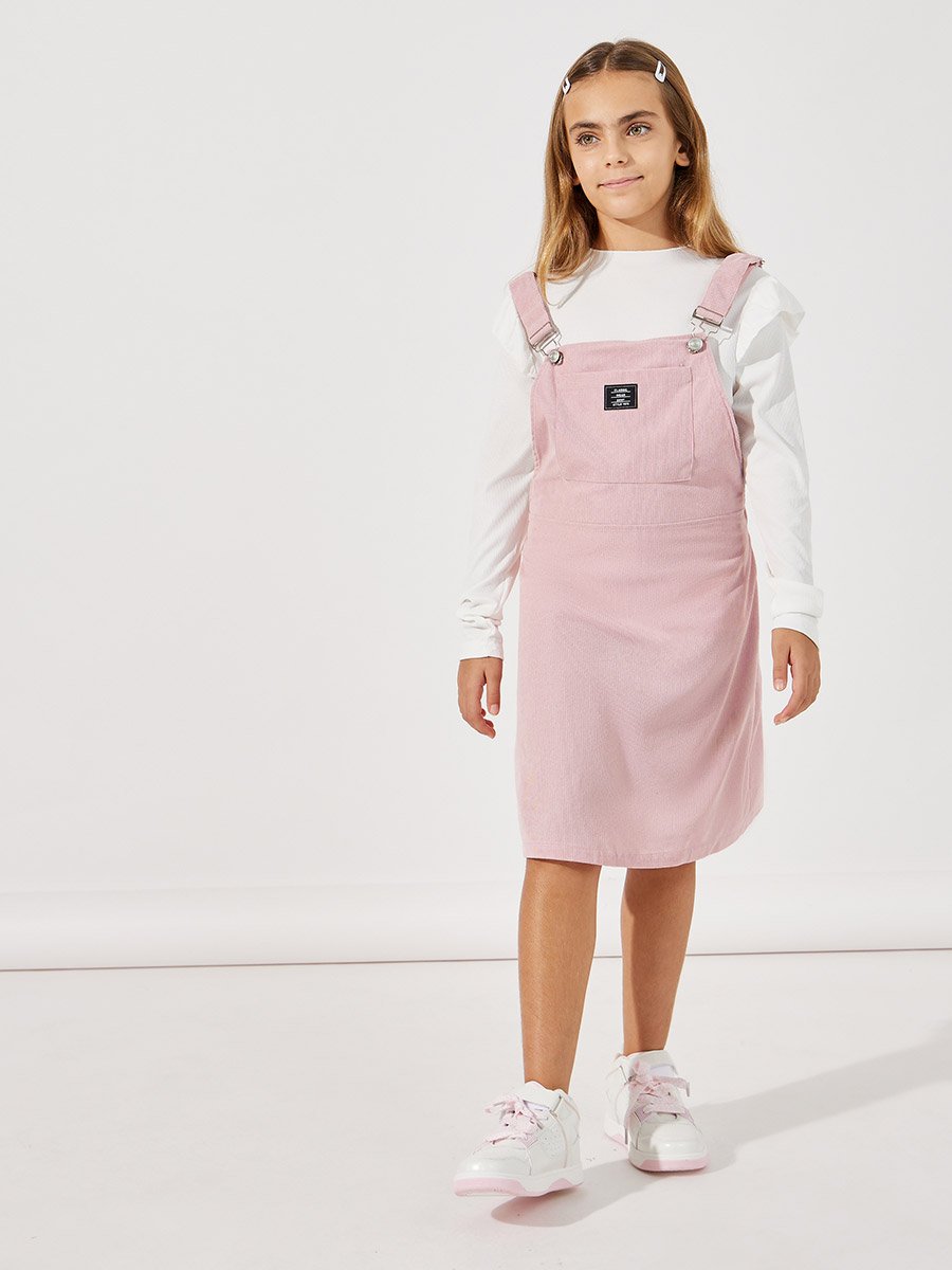 Patch Detail Corduroy Pinafore Dress and Rib Knit T-Shirt Set
