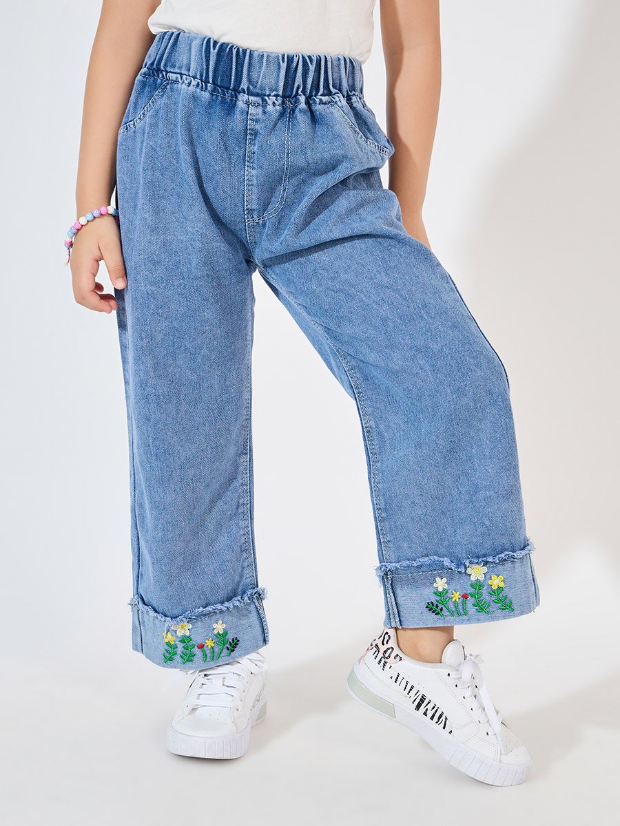 Flower Applique Trim Wide Leg Jeans