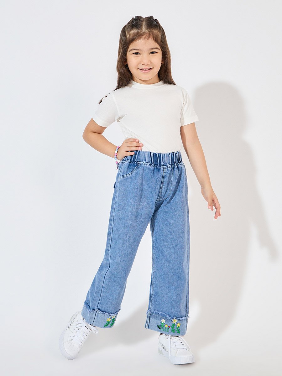 Flower Applique Trim Wide Leg Jeans