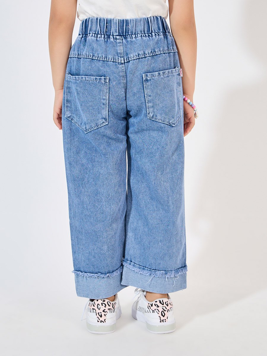 Flower Applique Trim Wide Leg Jeans