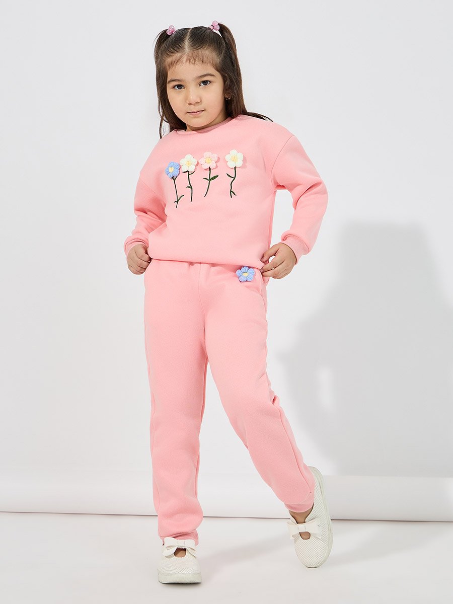 Embroidery Flower Applique Thermal Lined Sweatshirt and Joggers Set