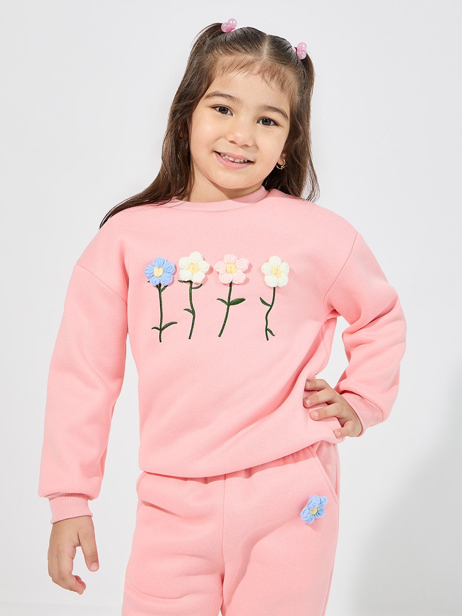 Embroidery Flower Applique Thermal Lined Sweatshirt and Joggers Set