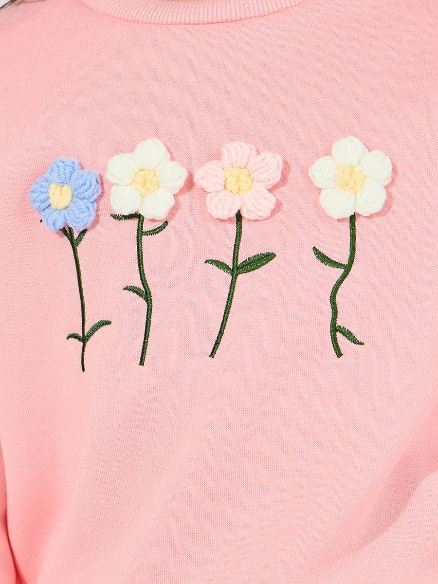 Embroidery Flower Applique Thermal Lined Sweatshirt and Joggers Set