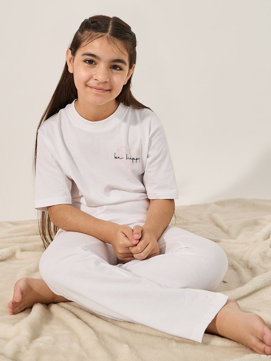 Typography Print T-Shirt and Drawstring Pyjama Set