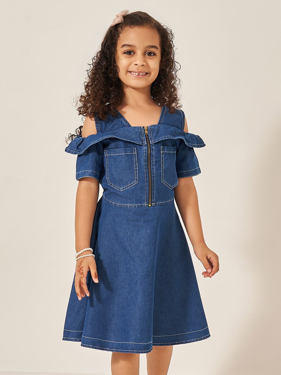 Cold Shoulder Half-Zipper Knee Length Denim Dress For Kids at Saudi | Styli