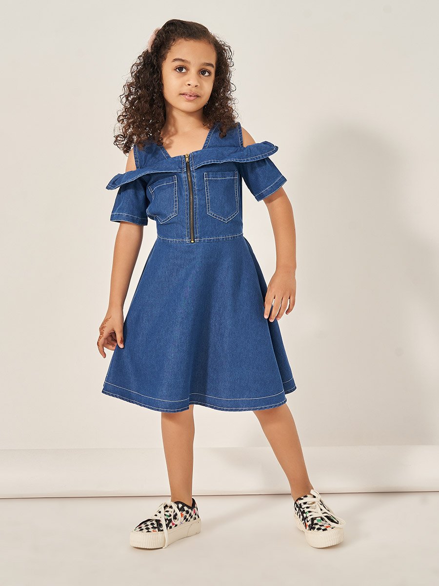 denim cold shoulder dress DERRIA OFF THE SHOULDER DENIM MAXI DRESS