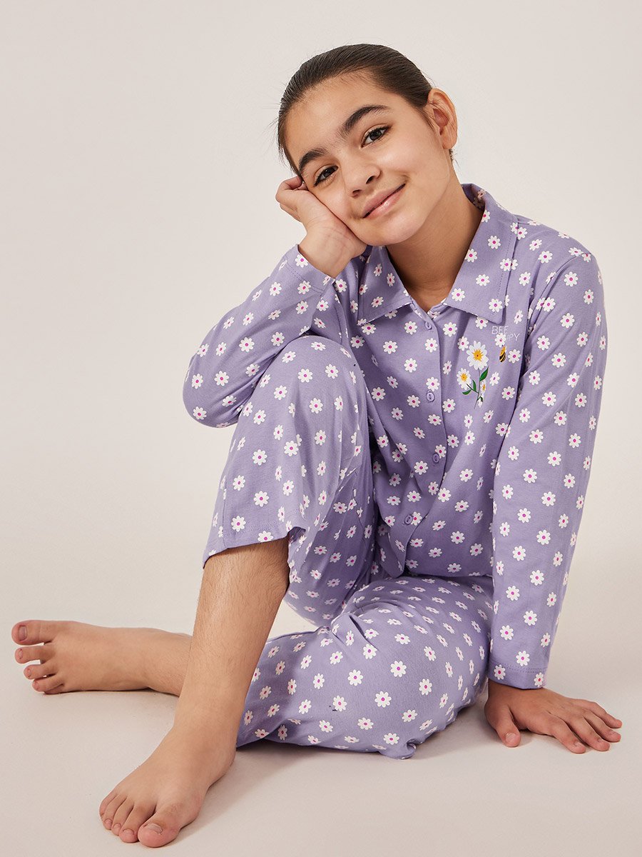 All-Over Daisy Print Long Sleeve Shirt and Pyjama Set