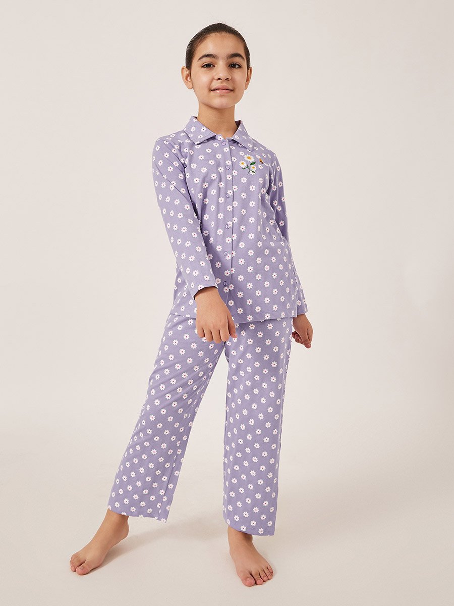 All-Over Daisy Print Long Sleeve Shirt and Pyjama Set