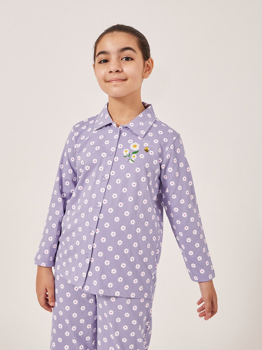 All-Over Daisy Print Long Sleeve Shirt and Pyjama Set