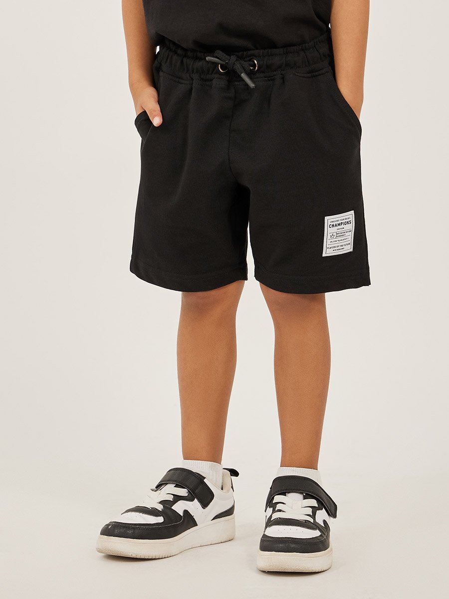 Badge Detail Drawstring Waist Shorts with Side and Back Pockets