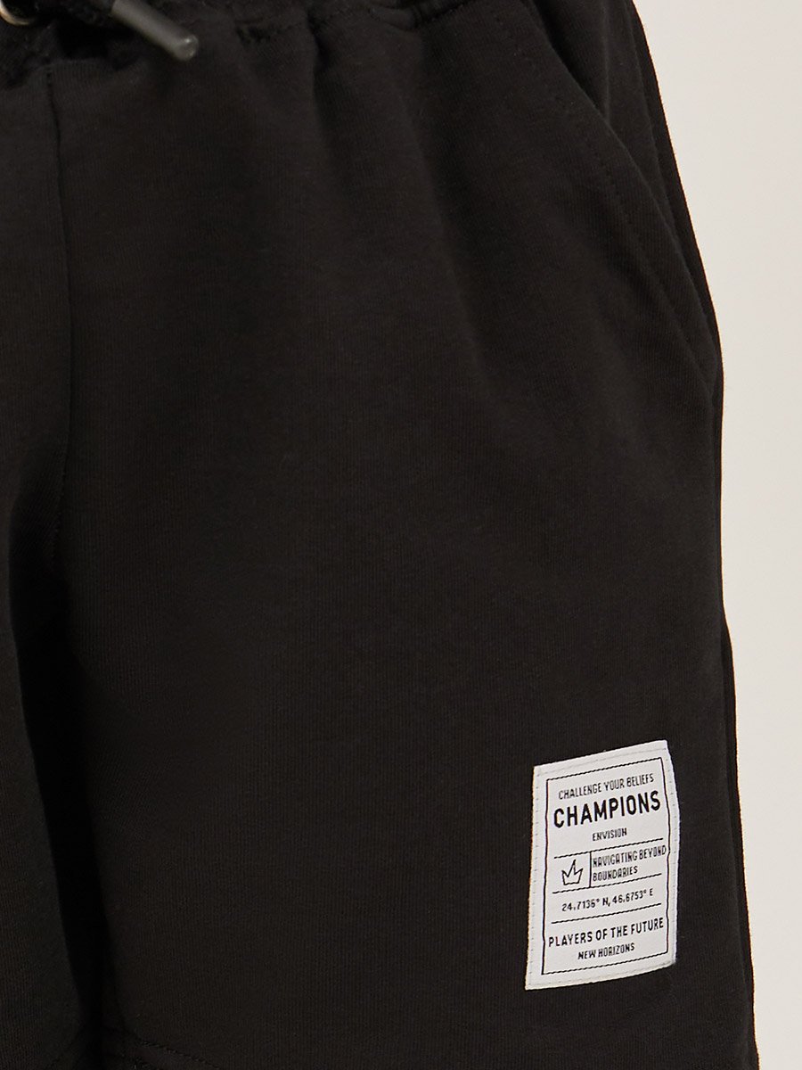 Badge Detail Drawstring Waist Shorts with Side and Back Pockets