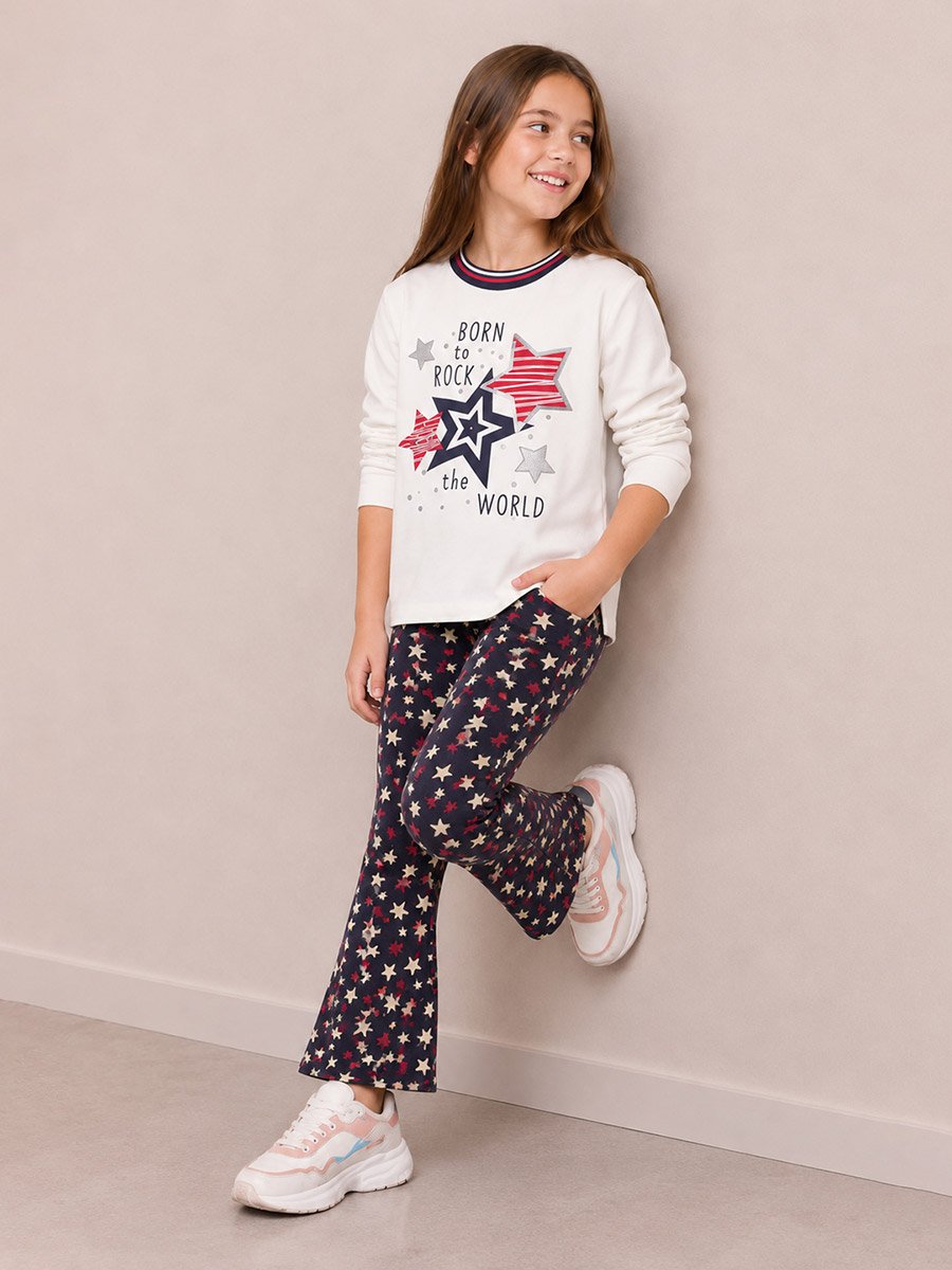 Graphic Print Sweatshirt and Stars Prints Flared Leggings Set
