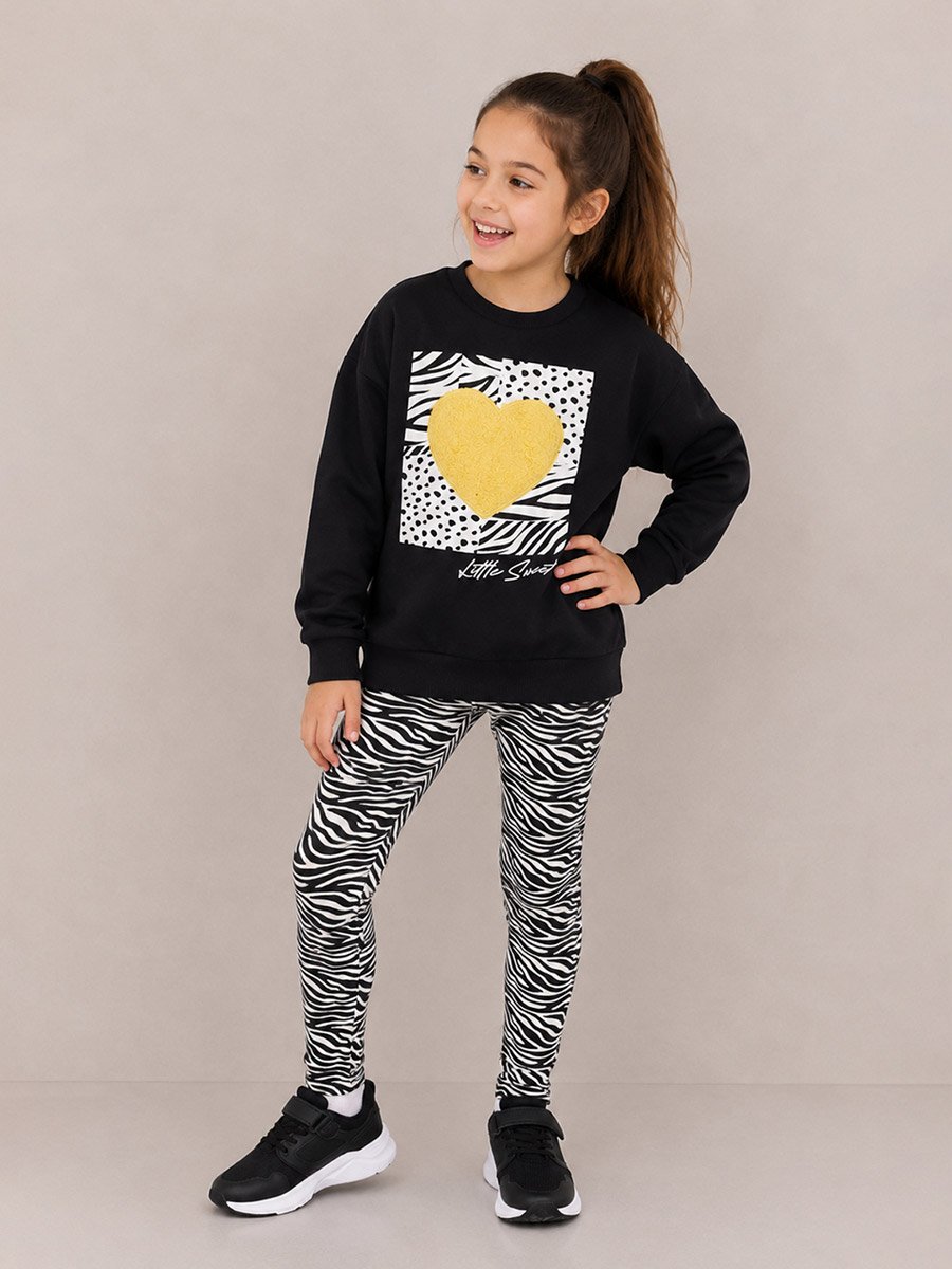 Graphic Print Round Neck Sweatshirt and Animal Print Leggings Set