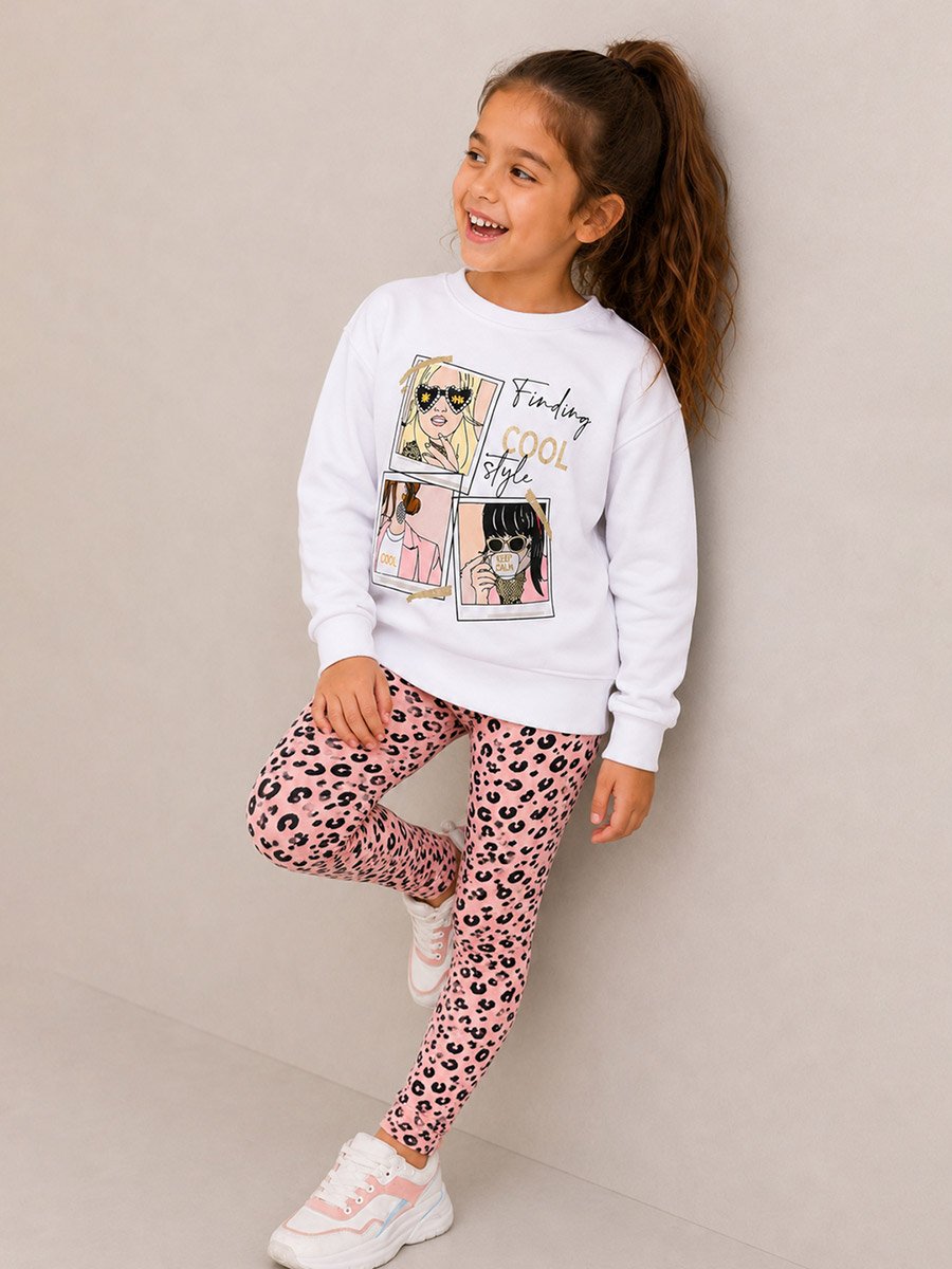 Graphic Print Round Neck T-shirt and Animal Print Legging Set