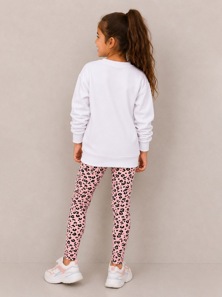 Graphic Print Round Neck T-shirt and Animal Print Legging Set