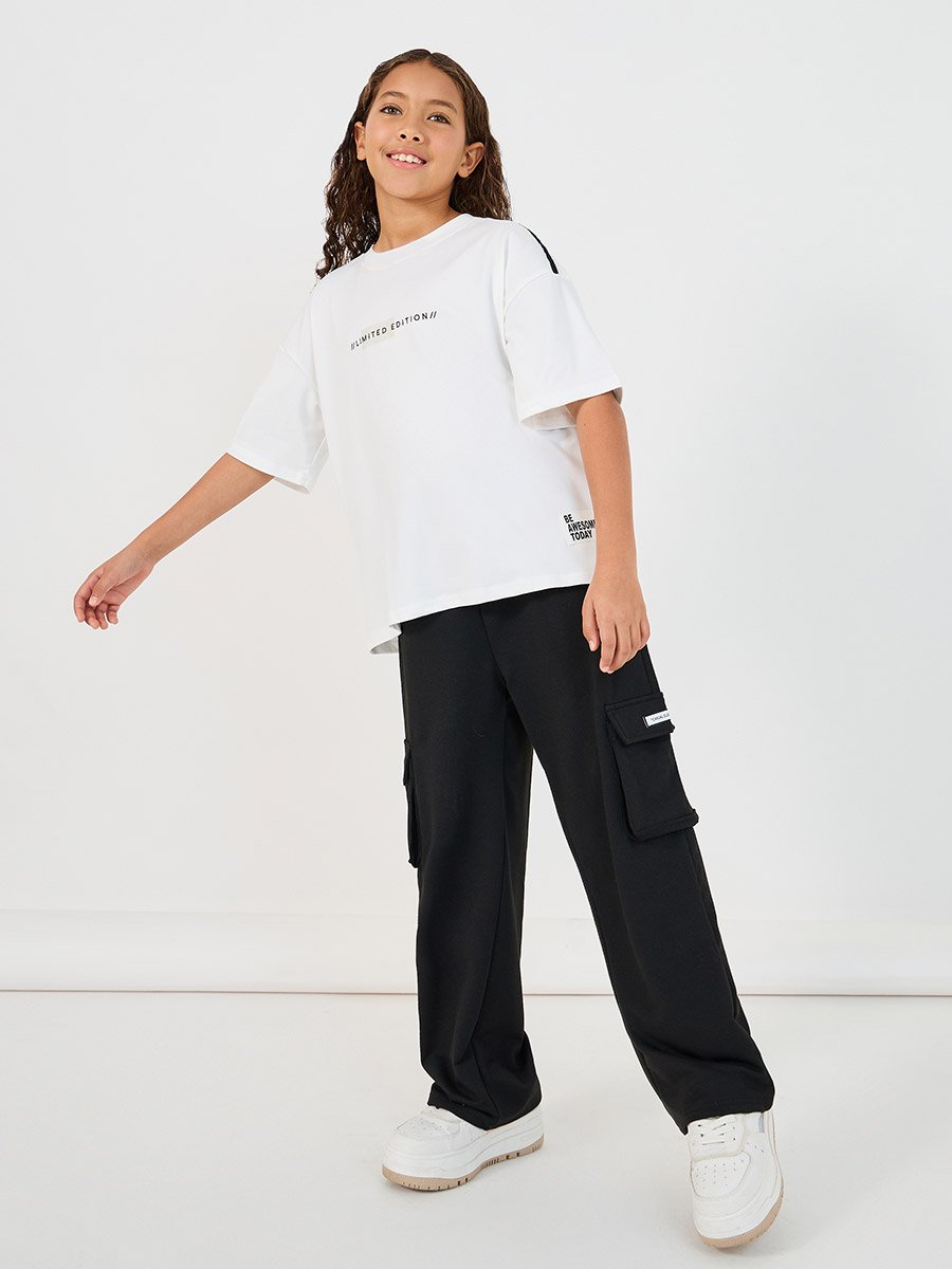 Slogan Print T-Shirt with Patch Work Detail and Crago Pants Co-Ords