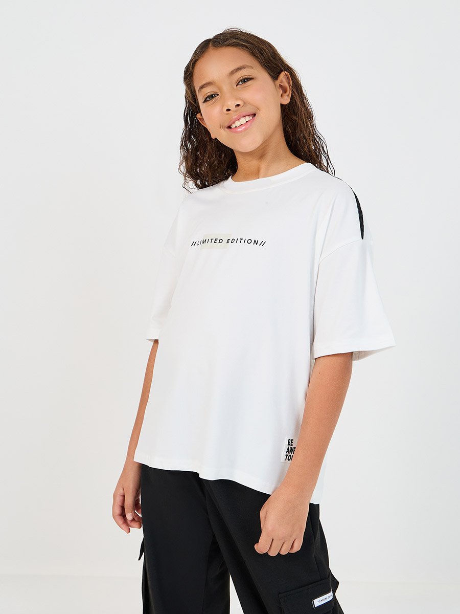 Slogan Print T-Shirt with Patch Work Detail and Crago Pants Co-Ords