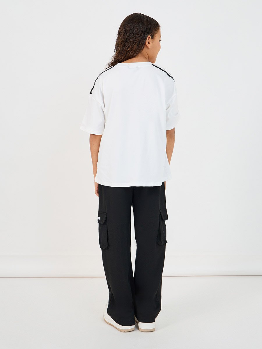Slogan Print T-Shirt with Patch Work Detail and Crago Pants Co-Ords