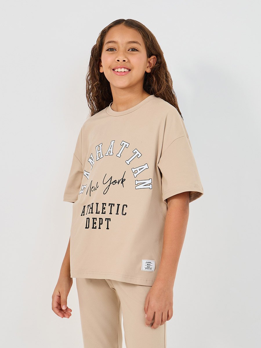 Graphic Print Round Neck T-Shirt and High Rise Pants Co-Ords