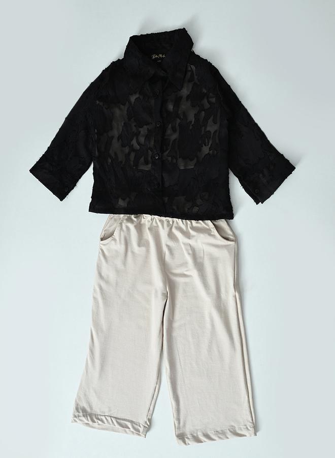 Mesh Insert Shirt with Long Sleeves and Trousers Co-Ords Set