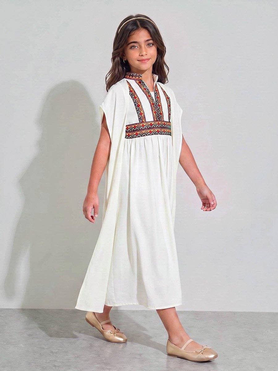 Girls Off White Embroidered Cape Sleeve V-Neck Kaftan
