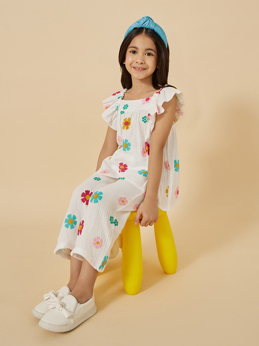 Floral Print Frill Sleeve Top and Pants Set